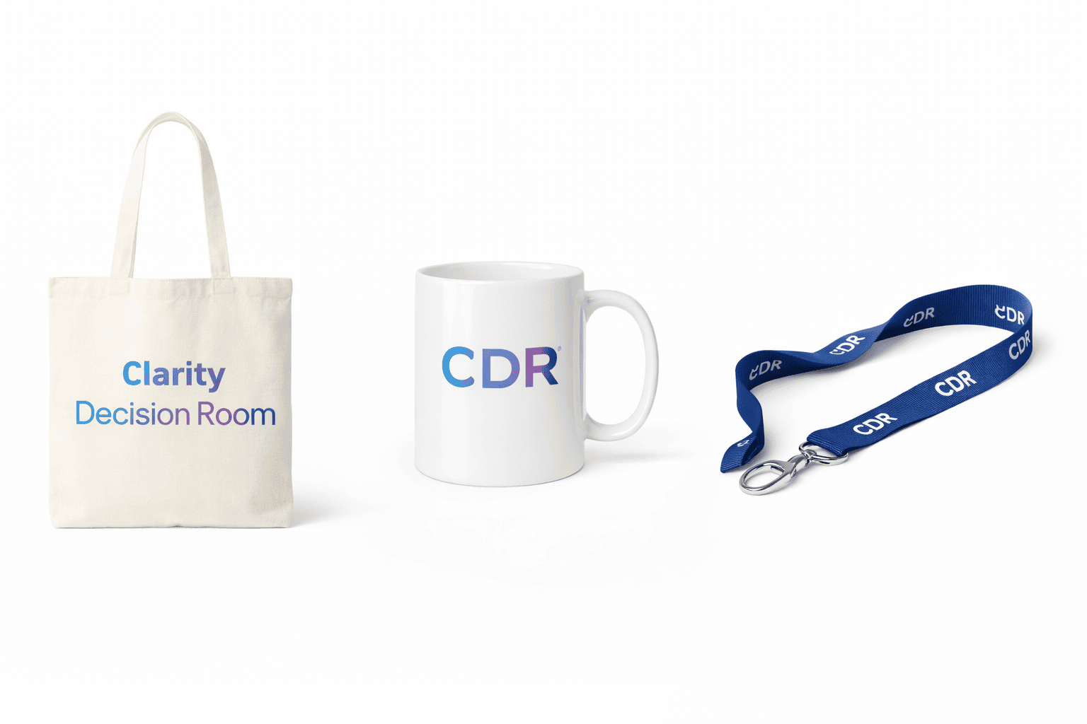 CDR rewards: tote bag, mug, and lanyard